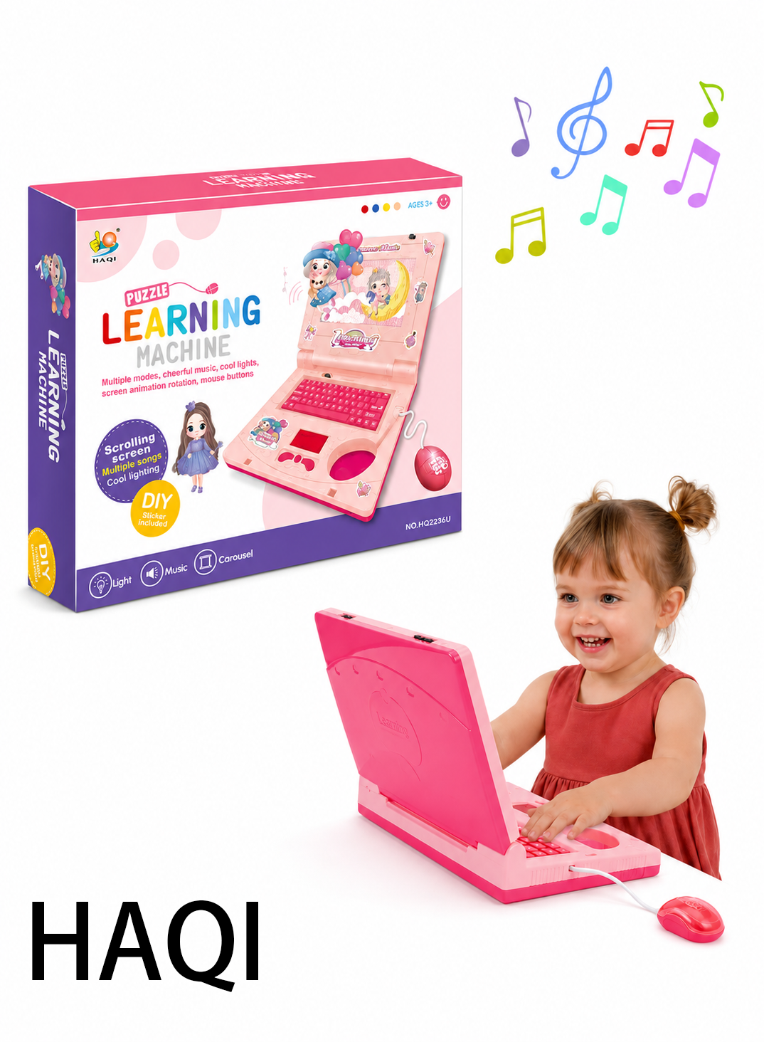 HAQI Kids Learning Laptop, Plastic High Simulation Educational Toddler Learning Computer Toy with (Non Retractable Mouse) Electronic Toy,Educational Learning Computer Simulation Music Preschool Pretend Toys with Retractable Mouse for Early Learning, Pink